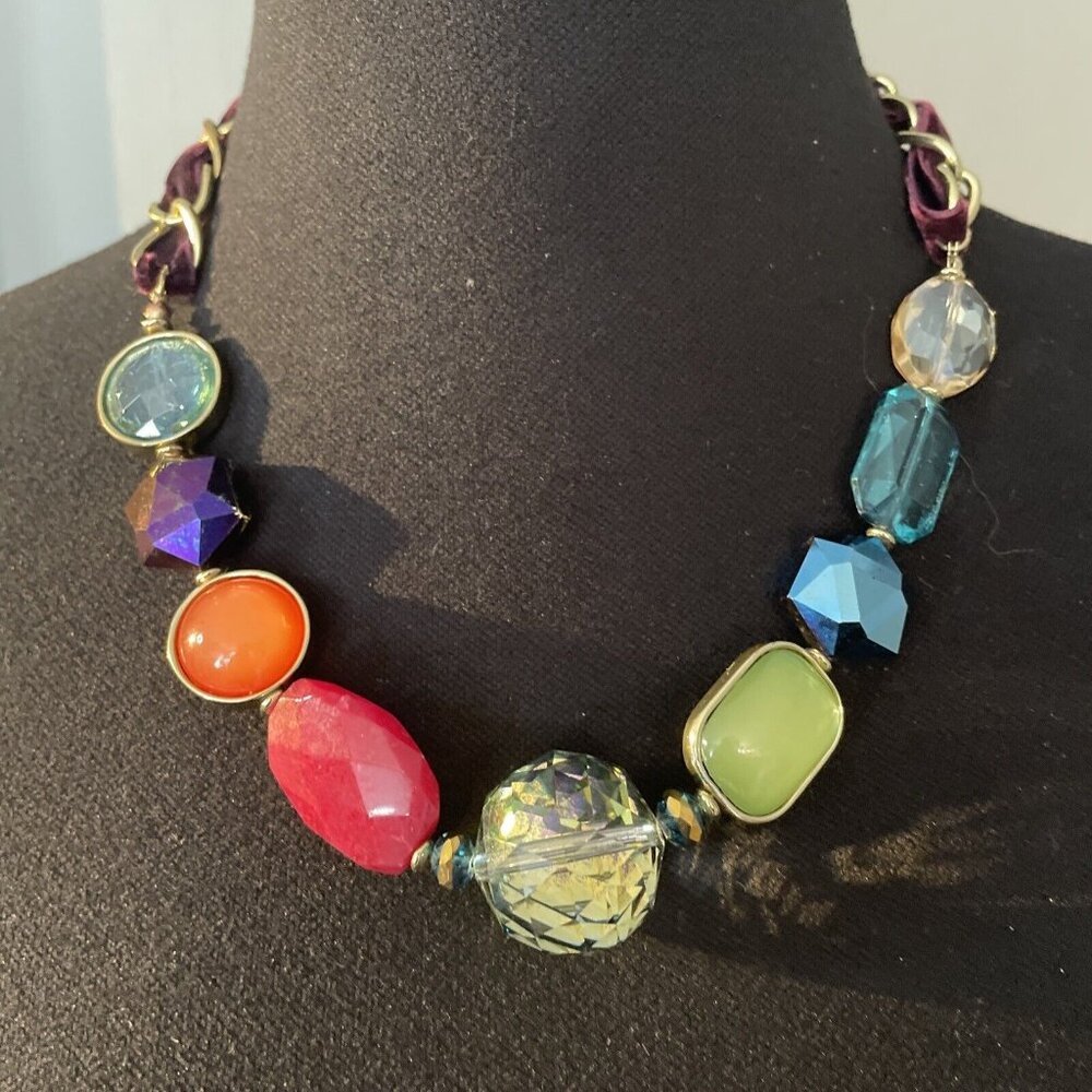 Beaded Multicolored Necklace Gold Tone Mixed Materials Rainbow Statement Chain - Picture 1 of 16